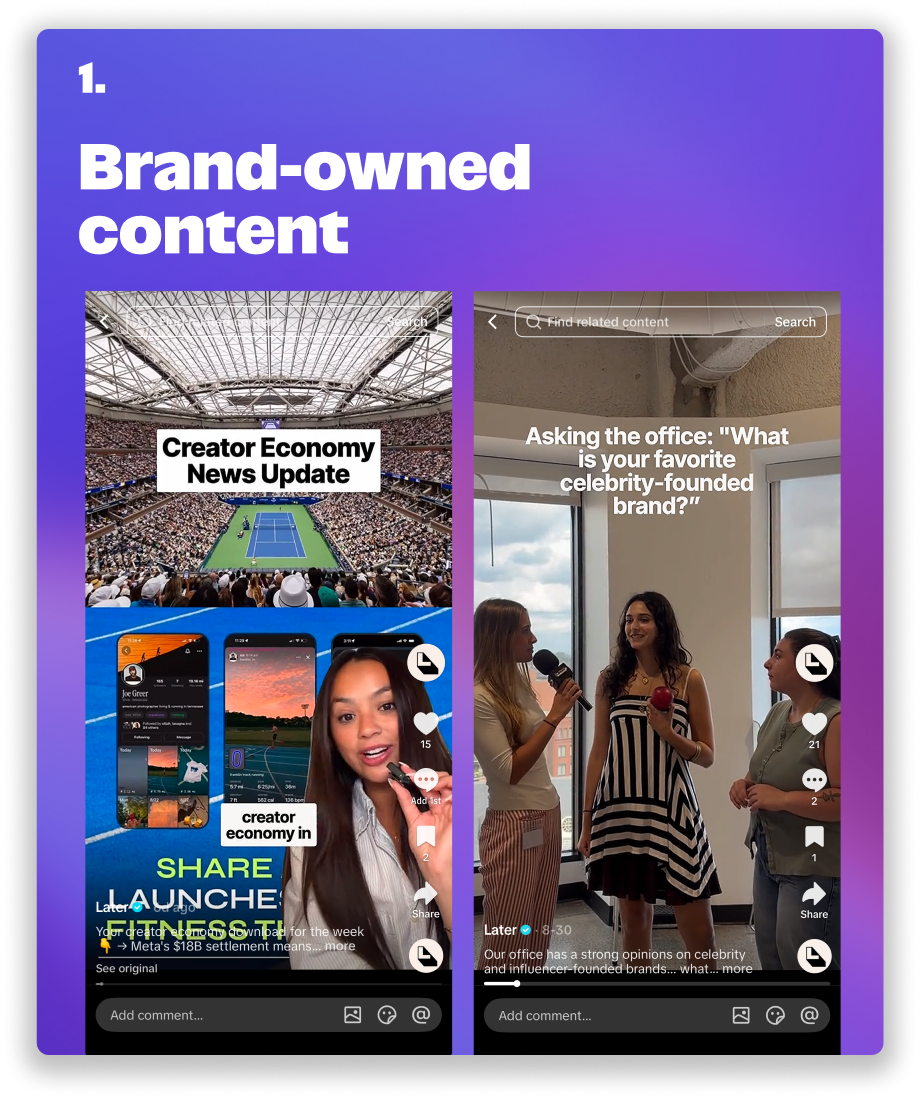 Two example videos: a TikTok titled “Creator Economy News Update” over a tennis stadium, and one titled “Asking the office: what is your favorite celebrity-founded brand?”