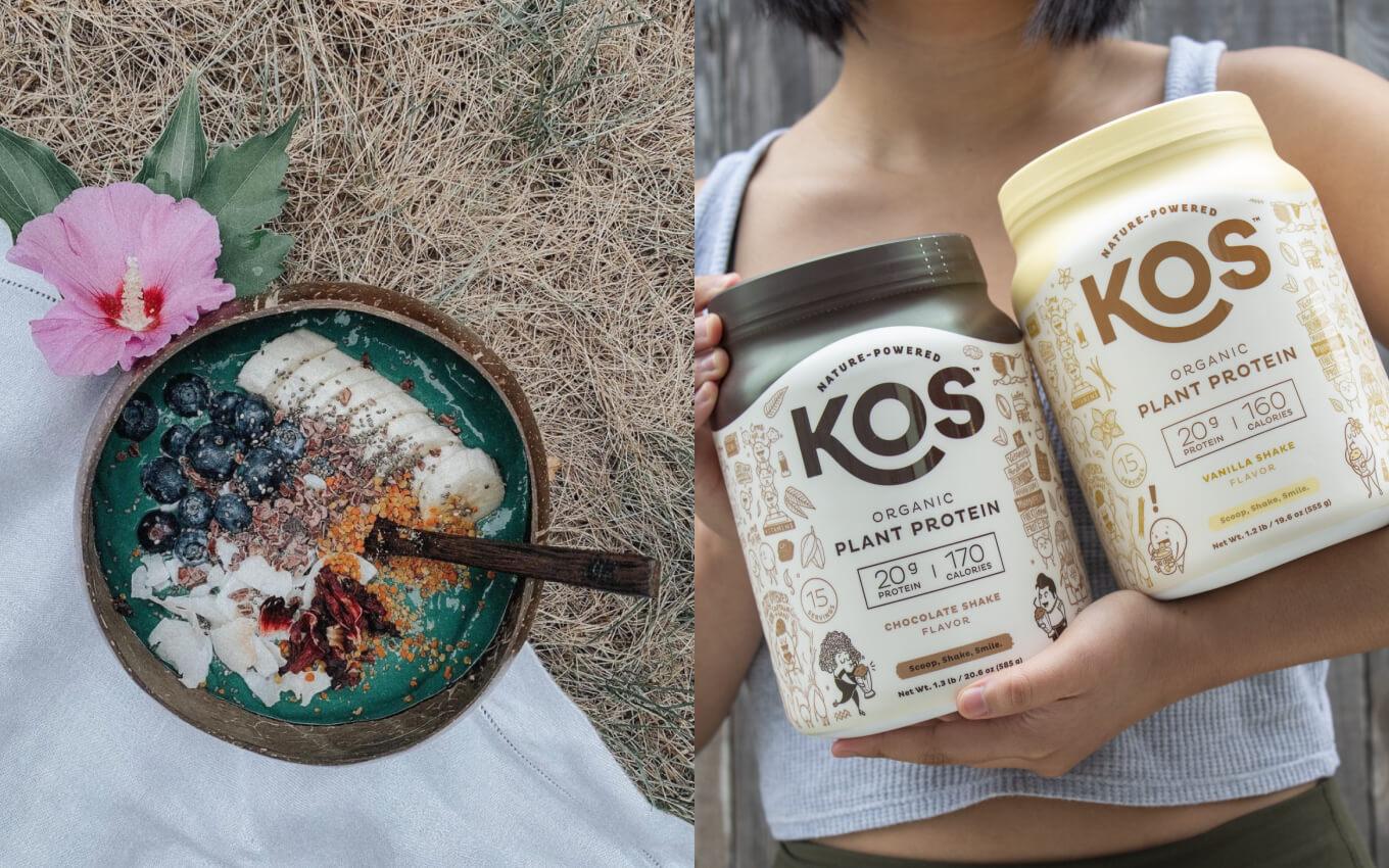 Smoothie bowl with berries and bananas next to image of two containers of KOS plant protein in chocolate and vanilla