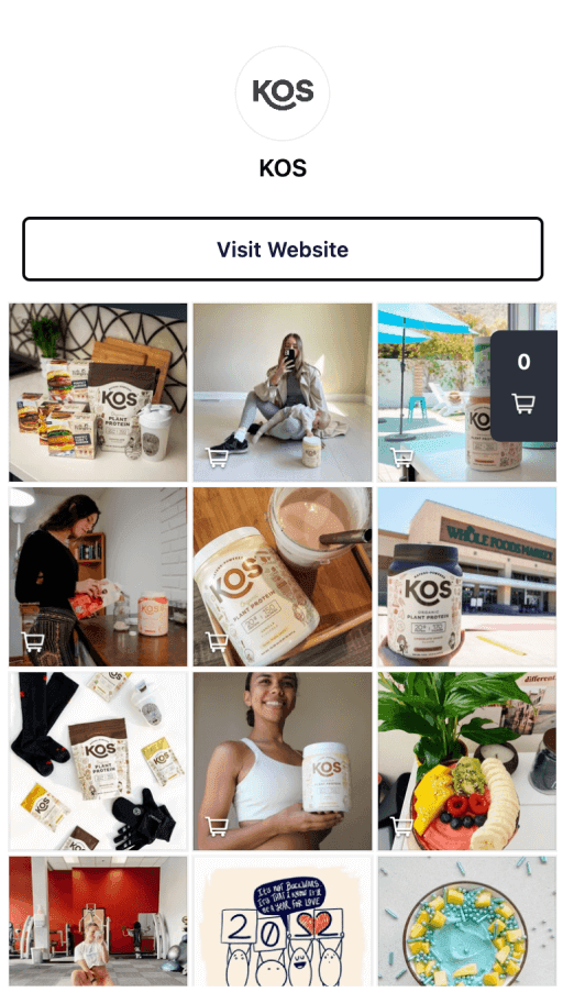 Screenshot of KOS' Link in Bio page with a button to visit their website and a grid of their mostly shoppable posts